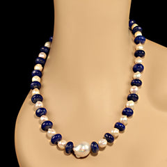 Elegant White Pearl and Blue Lapis Lazuli 20 Inch Necklace