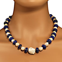 Elegant White Pearl and Blue Lapis Lazuli 20 Inch Necklace